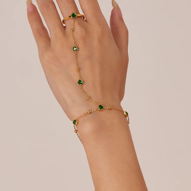 OPK GS1558 2 In 1 Emerald Heart Zirconia Stainless Steel Ring Bracelet - Image 5
