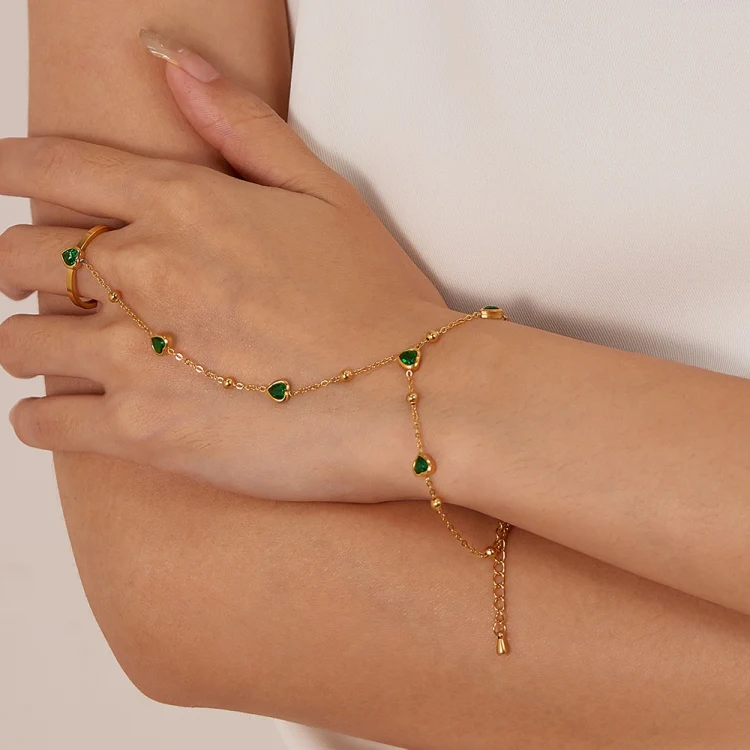 OPK GS1558 2 In 1 Emerald Heart Zirconia Stainless Steel Ring Bracelet - Image 6