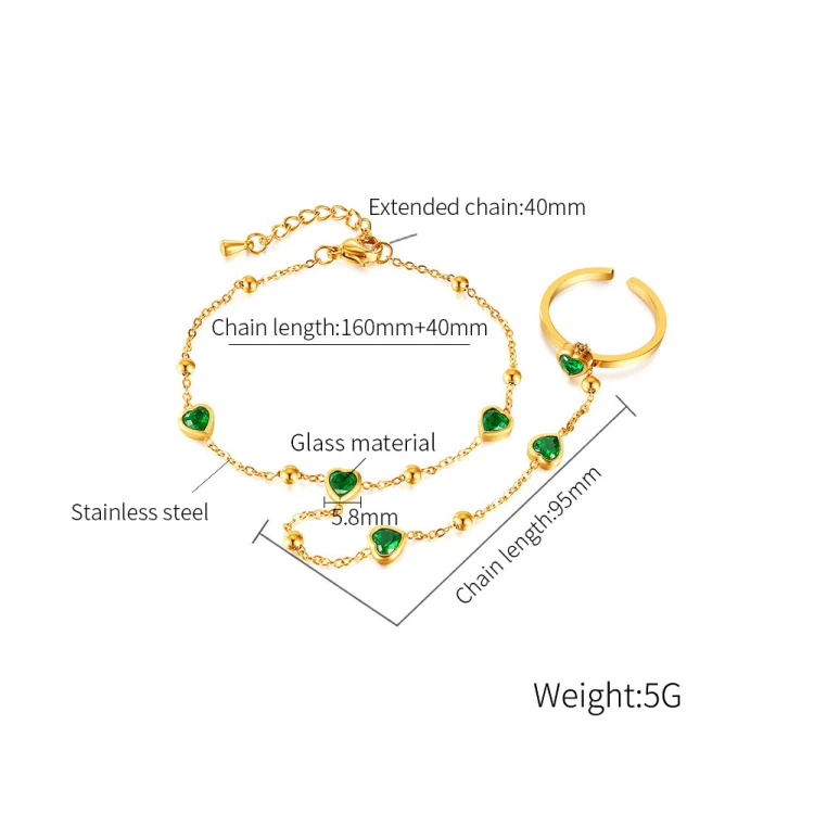 OPK GS1558 2 In 1 Emerald Heart Zirconia Stainless Steel Ring Bracelet - Image 7