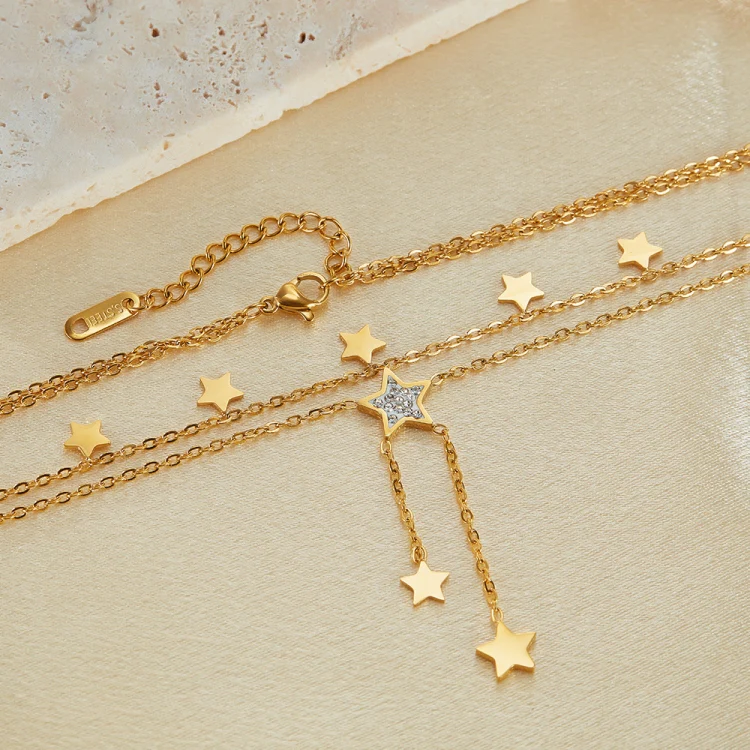 OPK GX2436 Stainless Steel Tassel Pentagram Pendant Stacking Necklace(Gold) - Image 4