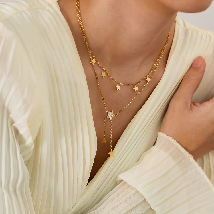 OPK GX2436 Stainless Steel Tassel Pentagram Pendant Stacking Necklace(Gold) - Image 6