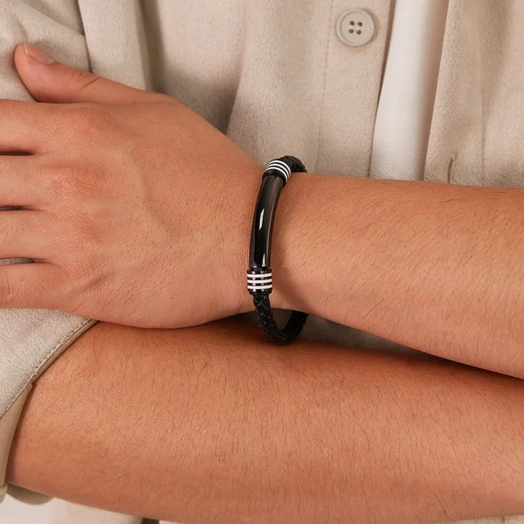 OPK PH1586 Simple Men Leather Bracelet Stainless Steel Magnetic Insert Buckle Bracelet, Color: Black - Image 2