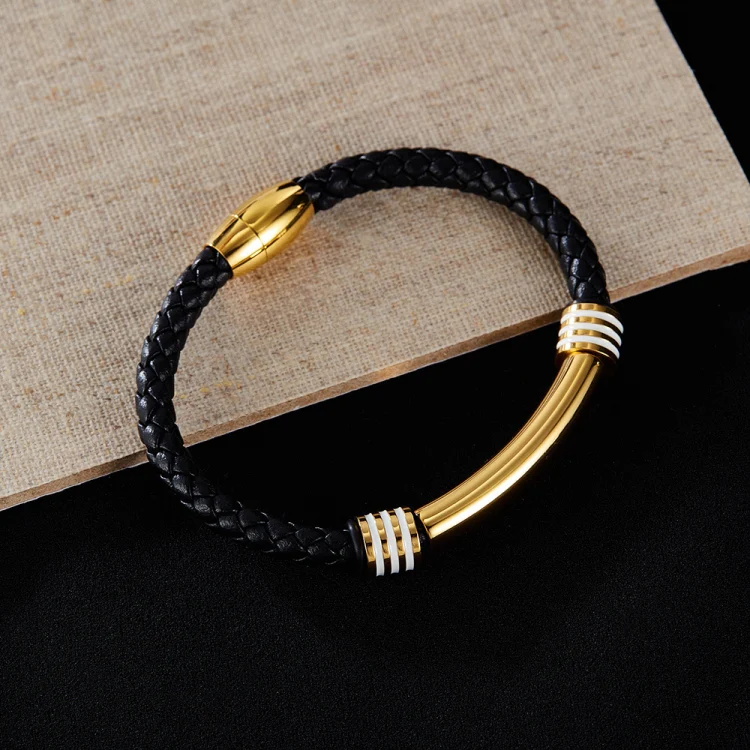 OPK PH1586 Simple Men Leather Bracelet Stainless Steel Magnetic Insert Buckle Bracelet, Color: Gold - Image 3