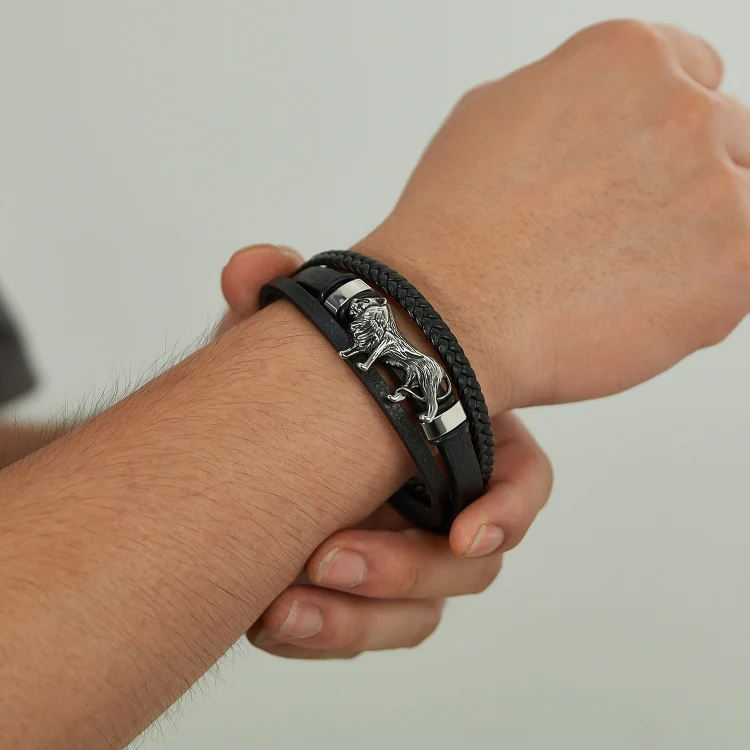 OPK PH1588 Personalized Retro Stainless Steel Lion Accessory Multi-Layer Braided Leather Bracelet - Image 5