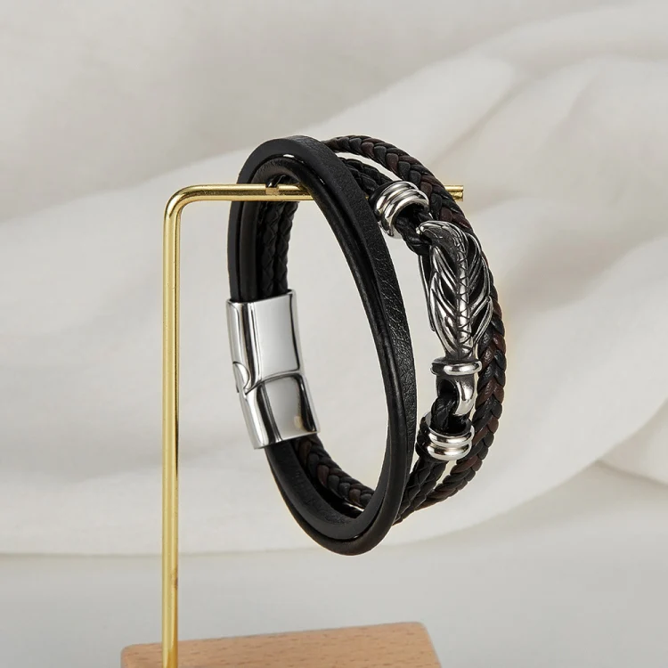 OPK PH1589 Stainless Steel Vintage Multi-Layer Braided Leather Bracelet - Image 2