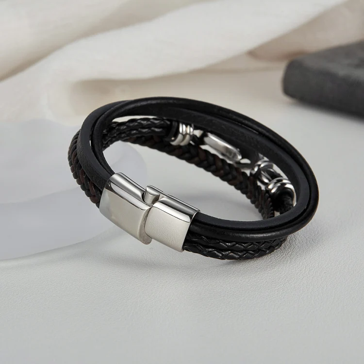 OPK PH1589 Stainless Steel Vintage Multi-Layer Braided Leather Bracelet - Image 3