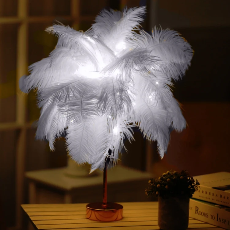 Ostrich Feather Table Lamp Wrought Iron Night Light LED Copper Wire Lamp(Grey)