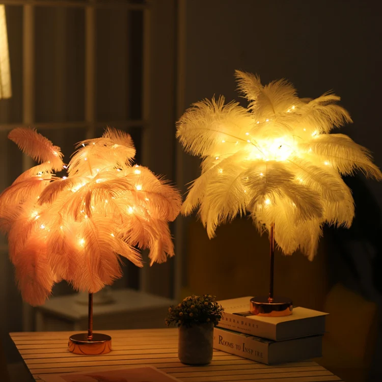 Ostrich Feather Table Lamp Wrought Iron Night Light LED Copper Wire Lamp(Orange) - Image 3