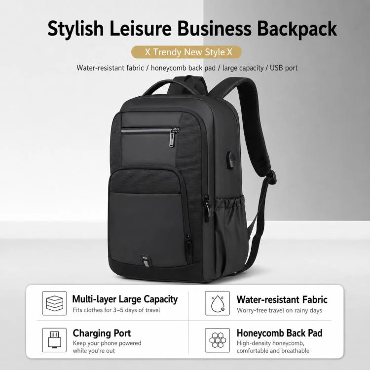 OUMANTU 2202 Large Capacity Waterproof Leather Membrane Backpack(Black) - Image 3