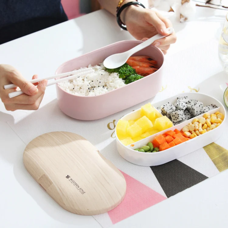 Oval Simple Lunch Box Wooden Sushi Sealed Leak-proof Lunch Box with Cutlery(Pink) - Image 12
