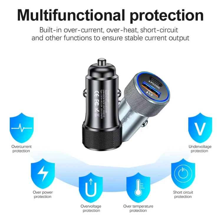 P19 Metal PD20W USB-C + QC18W USB Car Charger with Type-C to 8 Pin Date Cable(Silver Gray) - Image 6