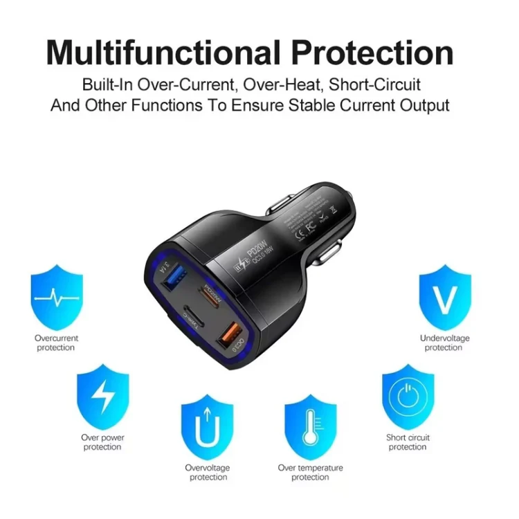 P49 53W PD20W Type-C + USB 4-port Car Charger with USB to Micro USB Data Cable(Black) - Image 7