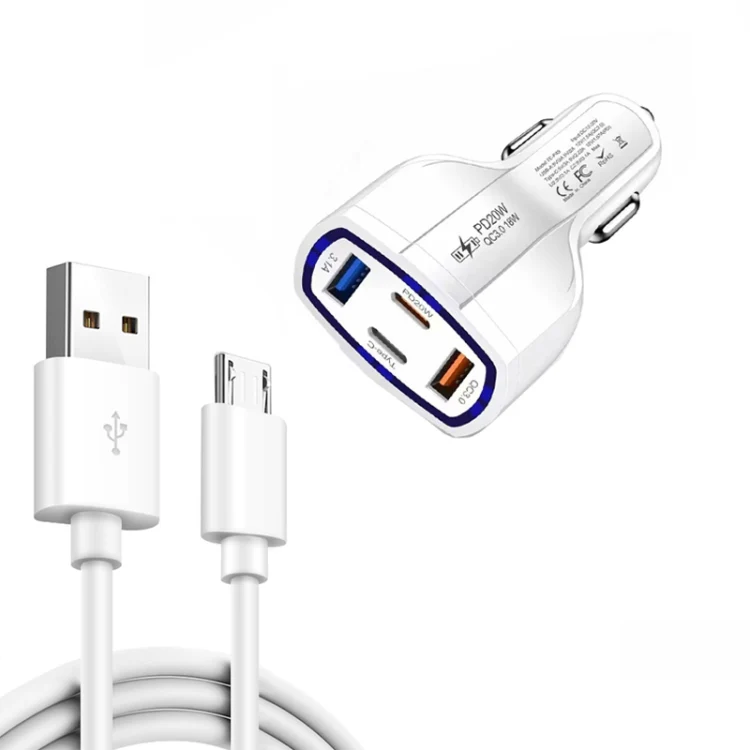 P49 53W PD20W Type-C + USB 4-port Car Charger with USB to Micro USB Data Cable(White)