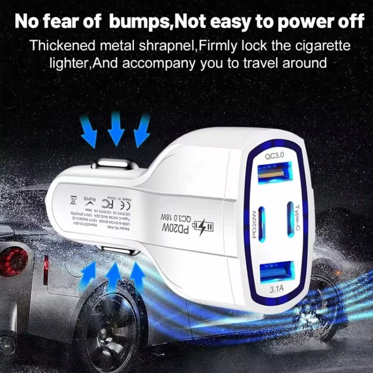P49 53W PD20W Type-C + USB 4-port Car Charger with USB to Micro USB Data Cable(White) - Image 6