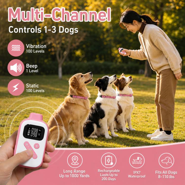PaiPaitek Dog Training Collar With Remote 1000M Range IPX7 Waterproof Collar, Color: PD 523-2 Pink - Image 3