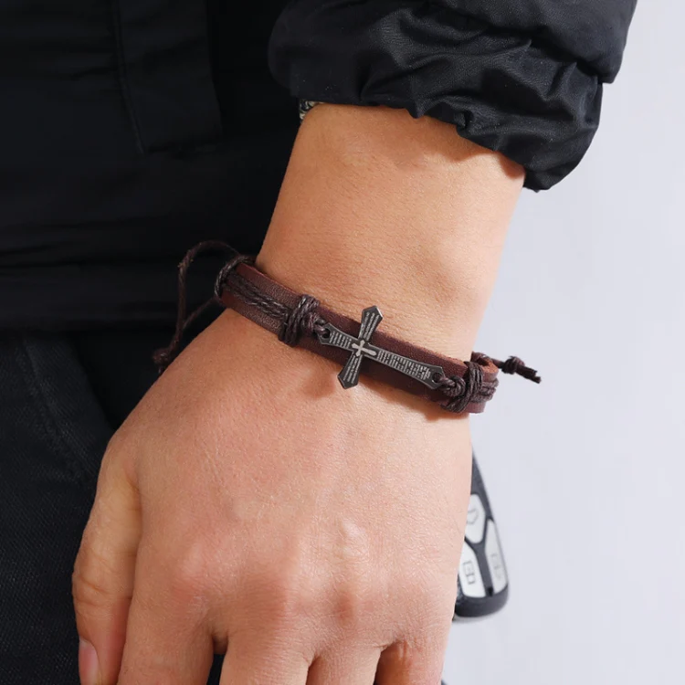 Personalized Hand-Woven Leather Bracelet Simple Pull-Out Adjustable Vintage Wristbands(Black) - Image 5