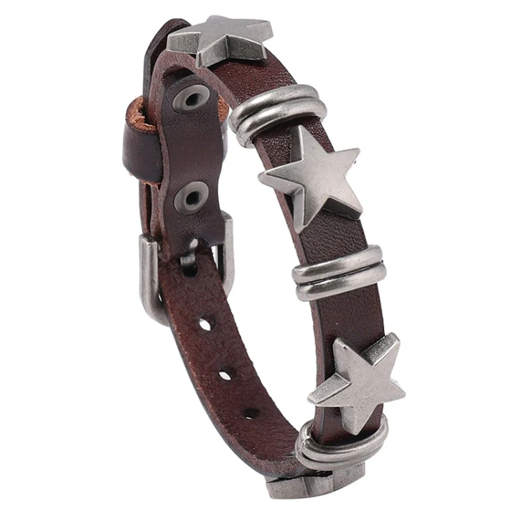 Personalized Street Punk Style Bracelet Pentagram Vintage Cowhide Bracelet(Dark Brown)