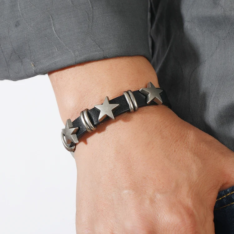 Personalized Street Punk Style Bracelet Pentagram Vintage Cowhide Bracelet(Dark Brown) - Image 6