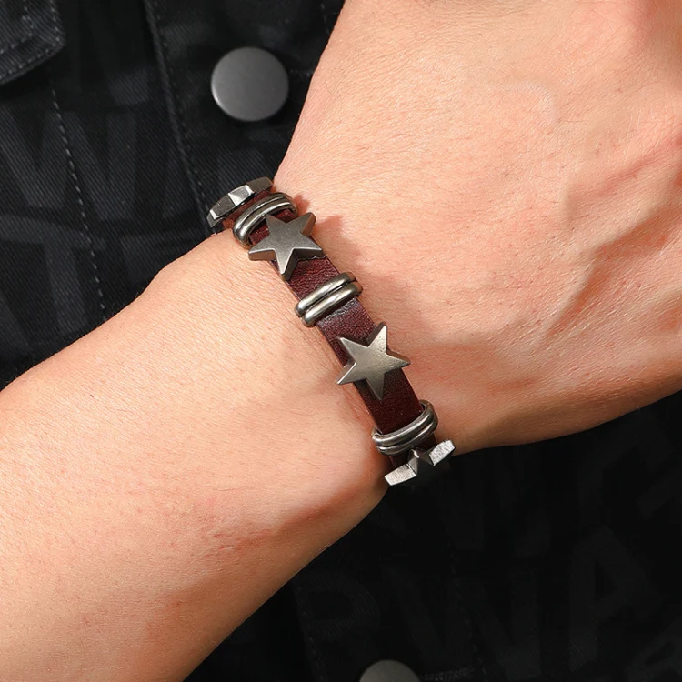 Personalized Street Punk Style Bracelet Pentagram Vintage Cowhide Bracelet(Dark Brown) - Image 7