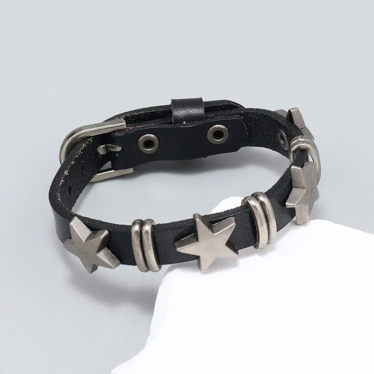 Personalized Street Punk Style Bracelet Pentagram Vintage Cowhide Bracelet(Orange) - Image 4