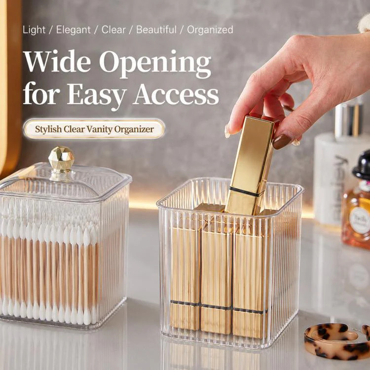 PET Cotton Swab Holder With Lid Clear Cotton Swab Dispenser Organizer For Makeup Cotton Pads, Dental Floss, Hair Accessories - Image 4