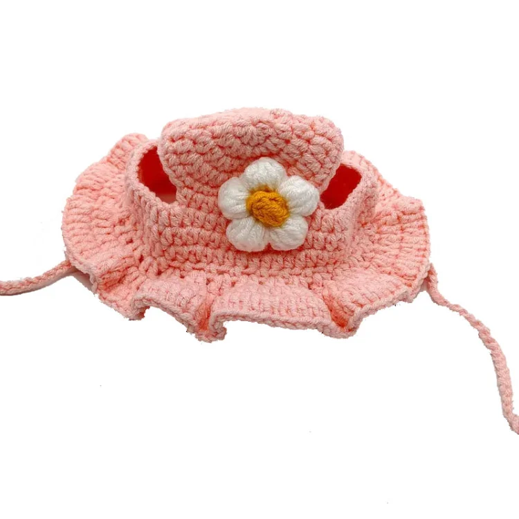 Pet Headgear Props Cats And Dogs Knitted Hat Headwear, Size: S(Pink Flower) - Image 2