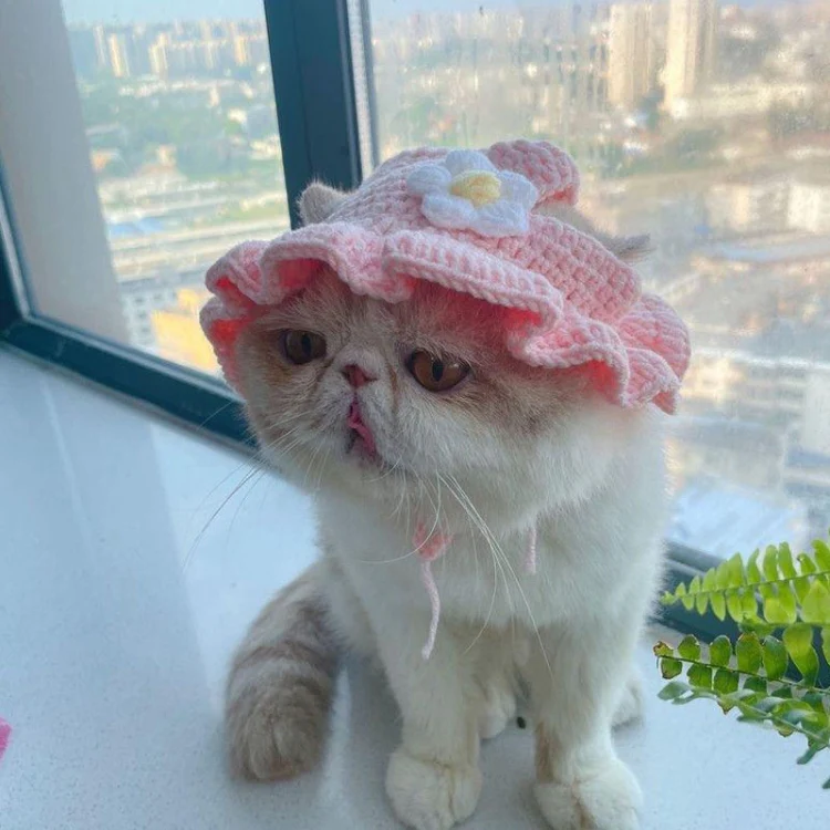 Pet Headgear Props Cats And Dogs Knitted Hat Headwear, Size: S(Pink Flower) - Image 5