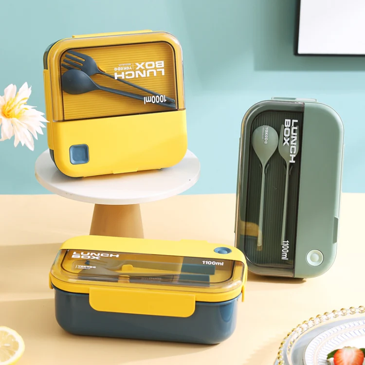 Plastic Compartment Lunch Box Microwaveable with Tableware(1.1L Blue) - Image 2