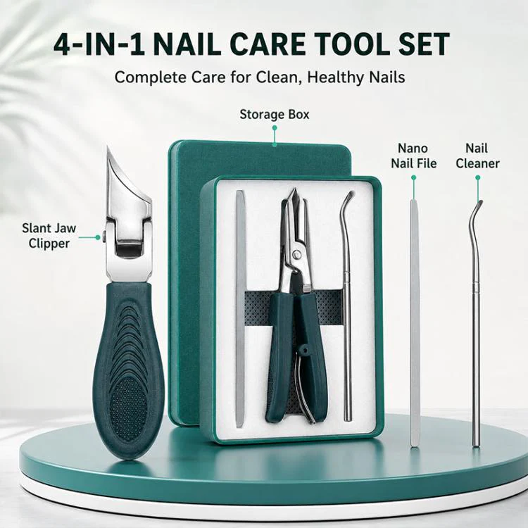 Pointed Slant Nail Clipper, Nano Nail File, Nail Cleaner Pick Combo Nail Care Tool Set(Green) - Image 3