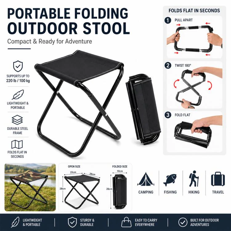 Portable Folding Outdoor Stool Mini Chair for Travel Fishing, Style:Large-Blue Camo - Image 2