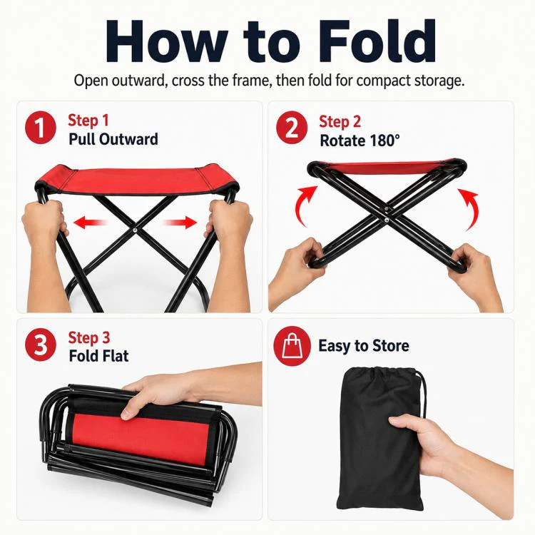 Portable Folding Outdoor Stool Mini Chair for Travel Fishing, Style:Large-Red - Image 6