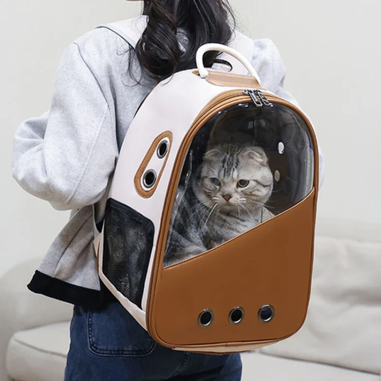 PU Pet Bag Cats And Dogs Outing Carrying Capsule Double Shoulder Backpacks(Model 1 Brown) - Image 7
