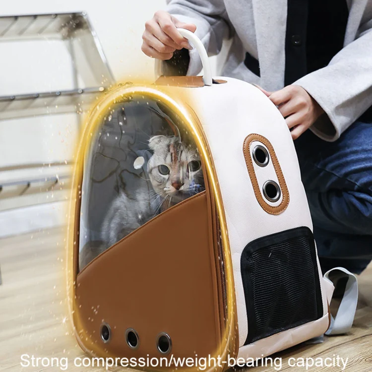 PU Pet Bag Cats And Dogs Outing Carrying Capsule Double Shoulder Backpacks(Model 1 Khaki) - Image 6