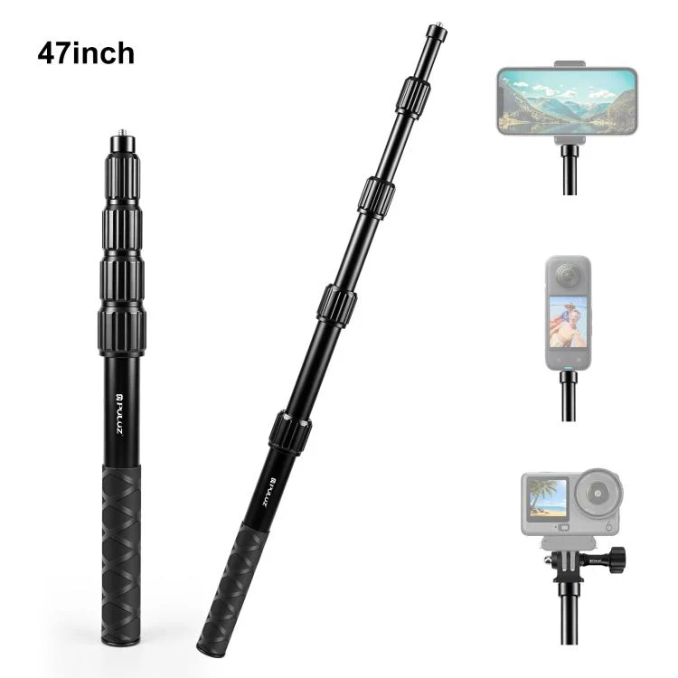 PULUZ 1.2m Aluminum Alloy Invisible Selfie Stick for DJI, Insta360, GoPro and Other Action Cameras, Anti-Shake Vlog Locking Telescopic Extension Monopod (Black)