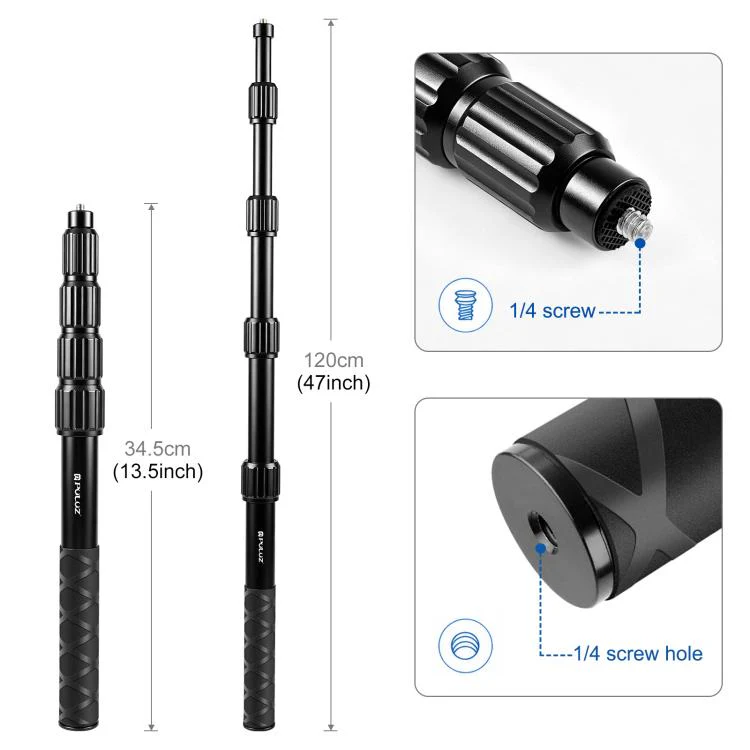 PULUZ 1.2m Aluminum Alloy Invisible Selfie Stick for DJI, Insta360, GoPro and Other Action Cameras, Anti-Shake Vlog Locking Telescopic Extension Monopod (Black) - Image 3