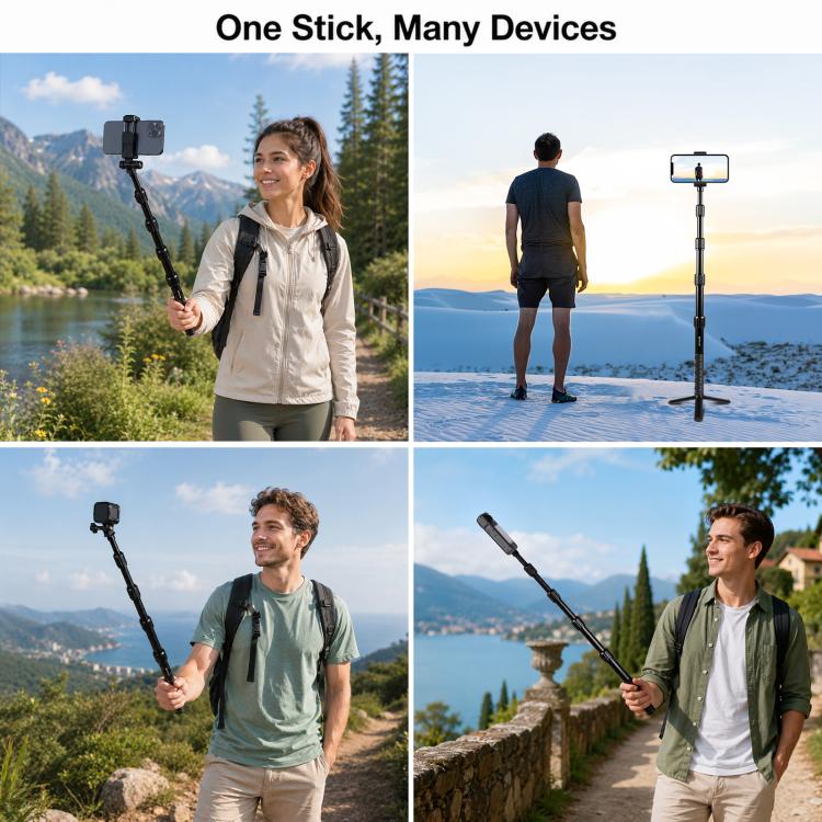 PULUZ 1.2m Aluminum Alloy Invisible Selfie Stick for DJI, Insta360, GoPro and Other Action Cameras, Anti-Shake Vlog Locking Telescopic Extension Monopod (Black) - Image 7