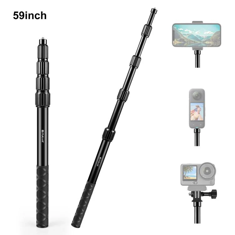 PULUZ 1.5m Aluminum Alloy Invisible Selfie Stick for DJI, Insta360, GoPro and Other Action Cameras, Anti-Shake Vlog Locking Telescopic Extension Monopod (Black)