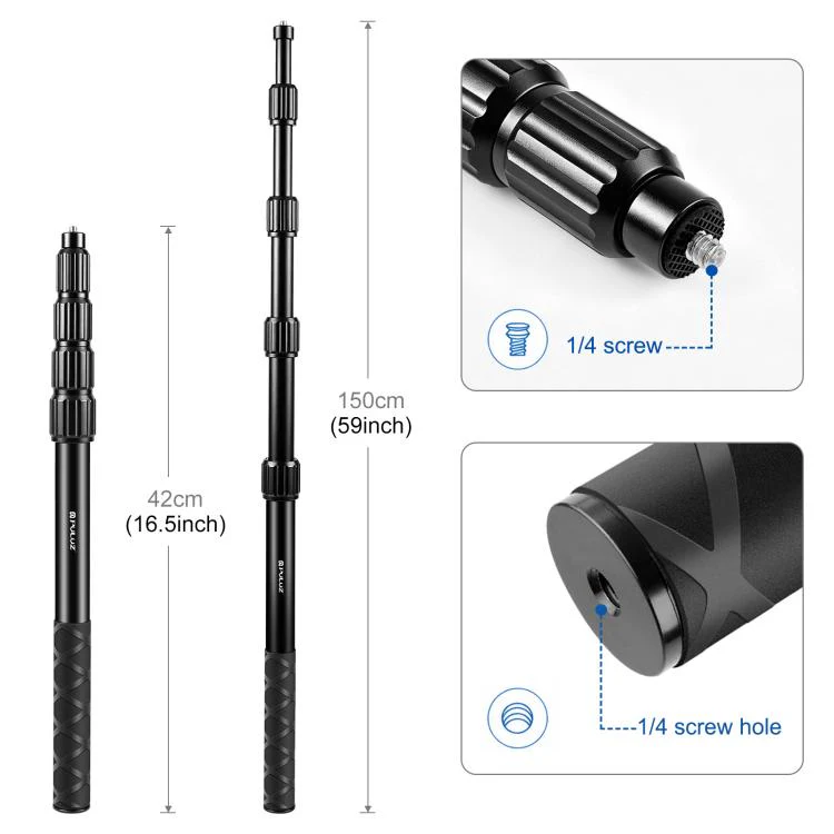 PULUZ 1.5m Aluminum Alloy Invisible Selfie Stick for DJI, Insta360, GoPro and Other Action Cameras, Anti-Shake Vlog Locking Telescopic Extension Monopod (Black) - Image 3