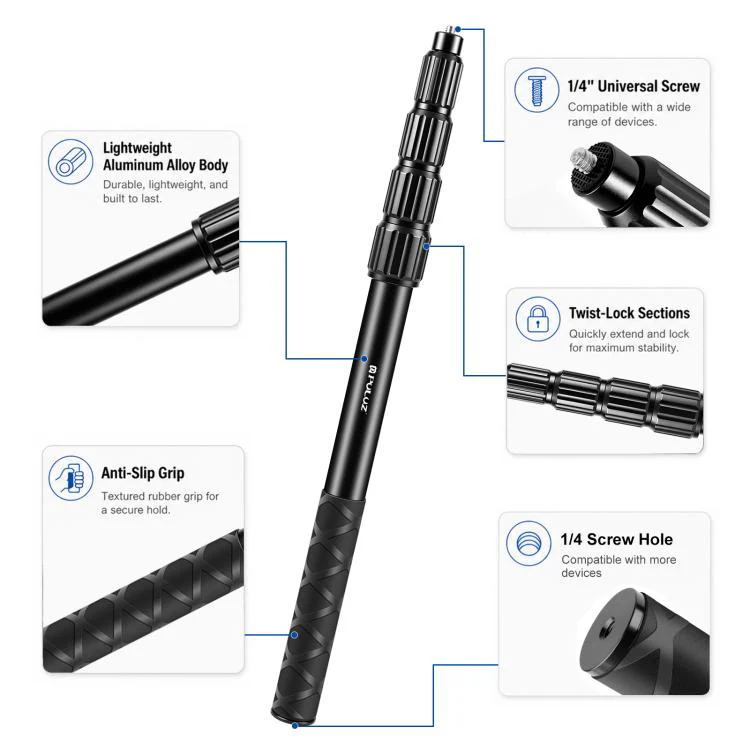 PULUZ 1.5m Aluminum Alloy Invisible Selfie Stick for DJI, Insta360, GoPro and Other Action Cameras, Anti-Shake Vlog Locking Telescopic Extension Monopod (Black) - Image 4