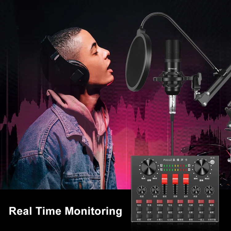 PULUZ Sound Card Live Broadcast Bluetooth Sound Mixer Studio Microphone Kits with Suspension Scissor Arm & Metal Shock Mount, Chinese Version(Black) - Image 7