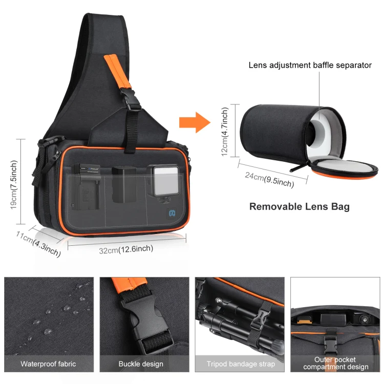 PULUZ Triangle Style SLR Camera Bag Sling Waterproof Backpack Shoulder Messenger Bags with Removable Lens Bag(Black) - Image 2