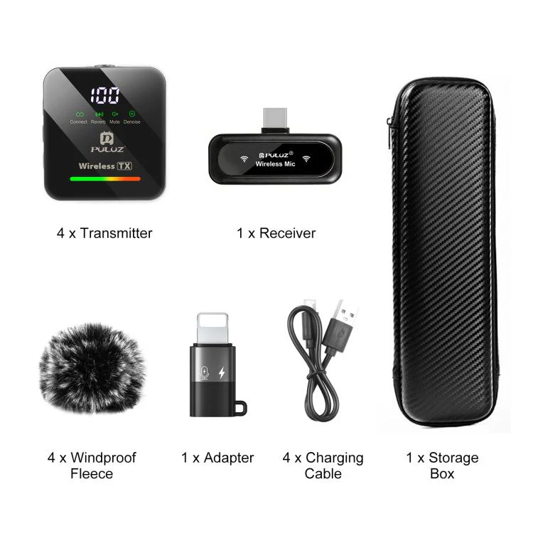 PULUZ Wireless Lavalier Microphone for Type-C Phone, Type-C Receiver and 4 x Microphones (Black) - Image 12