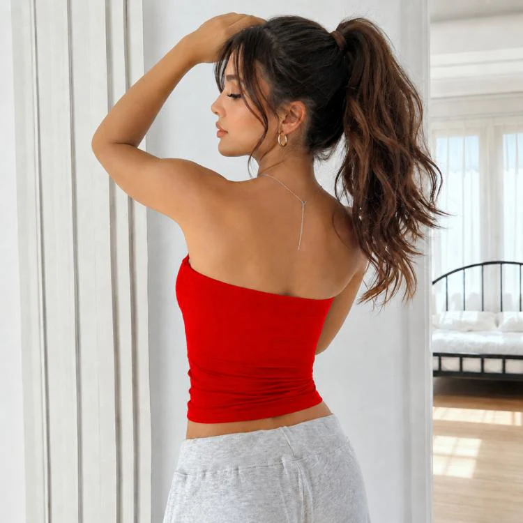 Pure Color Sexy Backless Form-Fitting Knitted Strapless Top, Size:XL(Red) - Image 4
