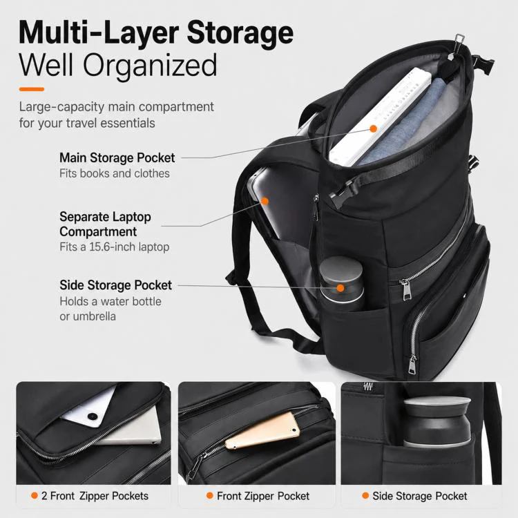 REMOID 15.6 inch Laptop Backpack Men Waterproof Commuter Business Rucksack Casual Travel Bag(Black) - Image 3
