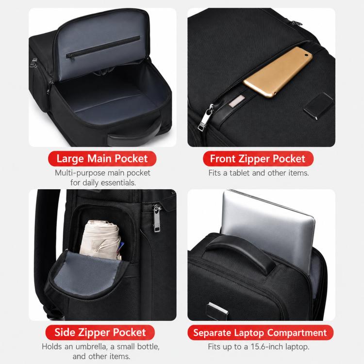 REMOID B3005 Business 15.6 inch Laptop Backpack Water Resistant Travel Commute School Daypack(Black) - Image 6