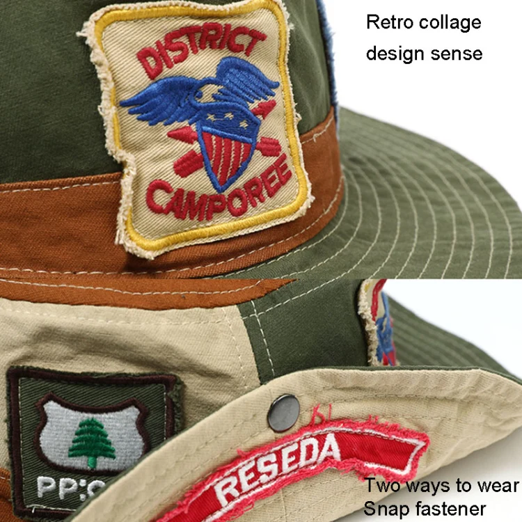 Retro Mountaineering Fisherman Hat Patching Sunscreen Hat Outdoor Cowboy Cap, Size: One Size 55-59cm(Brown Khaki+Army Green) - Image 3
