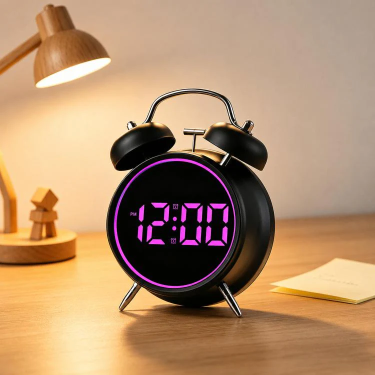 Retro Twin Bell Digital Alarm Clock Loud Bedside Clock with Colorful Glowing Ring Silent LED Desktop Clock with USB & Battery Backup(HL-8891 Black+Purple)