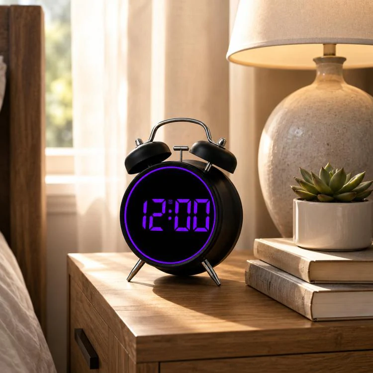 Retro Twin Bell Digital Alarm Clock Loud Bedside Clock with Colorful Glowing Ring Silent LED Desktop Clock with USB & Battery Backup(HL-8891 Black+Purple) - Image 4