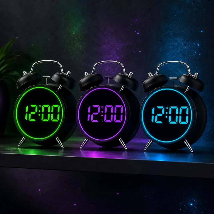 Retro Twin Bell Digital Alarm Clock Loud Bedside Clock with Colorful Glowing Ring Silent LED Desktop Clock with USB & Battery Backup(HL-8891 White+Blue) - Image 3