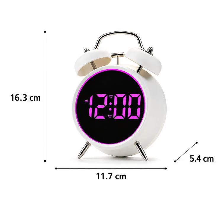Retro Twin Bell Digital Alarm Clock Loud Bedside Clock with Colorful Glowing Ring Silent LED Desktop Clock with USB & Battery Backup(HL-8891 White+Purple) - Image 6